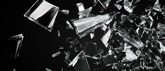 Shattered glass fragments flying through the air, broken mirror pieces, glossy shards on black background, abstract art for creative designs.