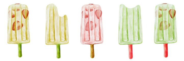 Colorful ice cream popsicles in a seamless watercolor pattern for textile and wrapping design