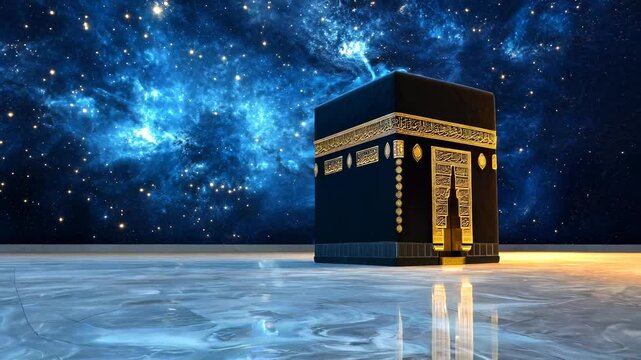 The Kaaba in Mecca Illuminated Under a Starry Night Sky, Symbolizing Peace and Spirituality