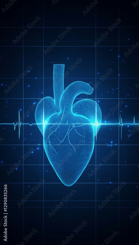 Poster glowing blue wireframe heart on grid background with ekg heartbeat monitor line and copy space