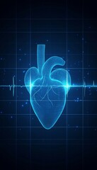 Glowing Blue Wireframe Heart On Grid Background With EKG Heartbeat Monitor Line And Copy Space