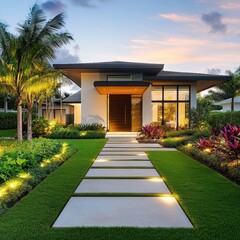 Obraz premium Modern Home Entrance at Dusk with Landscaped Patio