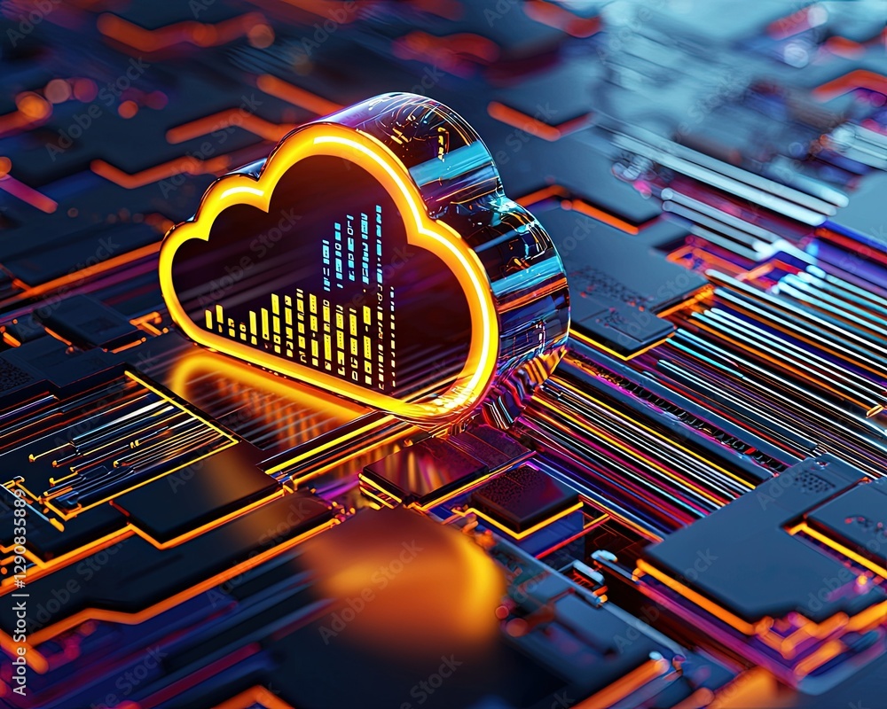 Poster online fraud prevention, digital cloud network with circuit board design and soft dreamy aesthetic i
