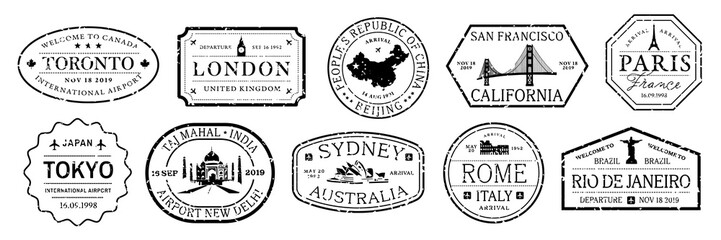 PNG Travel-themed vintage passport stamps , set on transparent background
