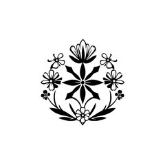 Black and white floral design in a circle, containing multiple flower types arranged in a symmetrical manner on a white background.