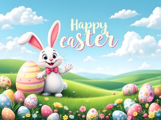 Happy Easter painted Egg and Adorable Bunny Background for spring Festive Atmosphere