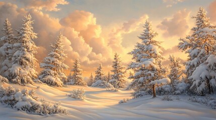 Obraz premium A soft snowfall drifting over a winter landscape with pines, illuminated by gentle evening light.