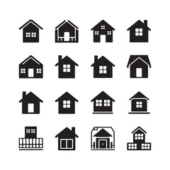 Collection of Black and White Residential and Commercial Building Icons
