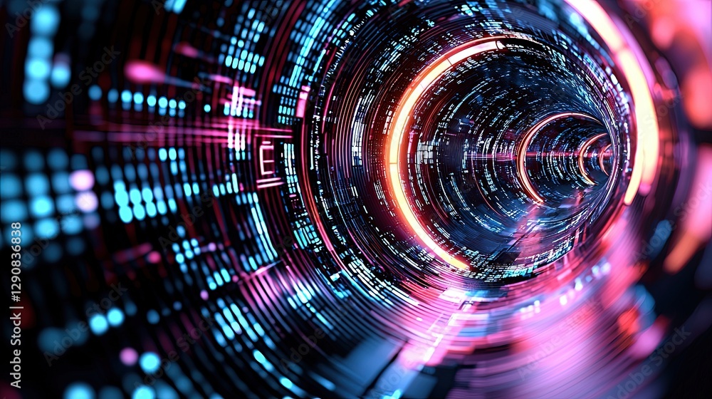 Poster online fraud prevention, futuristic digital tunnel with glowing circuit patterns and vibrant colorfu