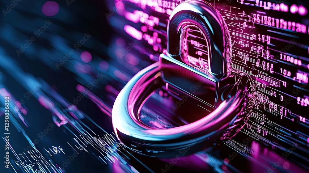 Poster online fraud prevention, secure digital lock symbolizing cybersecurity and privacy in a high-tech en