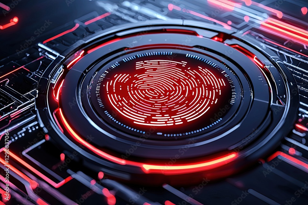 Poster online fraud prevention, futuristic digital cybersecurity interface with neon elements and fingerpri