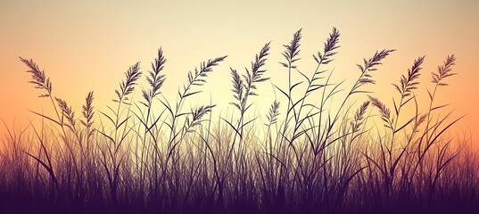 Tranquil Watercolor Meadow Gentle Silhouette of Grasses at Serene Violet And Cream Sunset