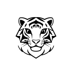Minimalist graphic of a tiger's face, black and white, with a stylized design, centered, on white background.