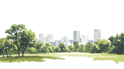 Obraz premium Watercolor-style illustration depicting a park landscape. The foreground features lush green grass and several deciduous trees rendered with soft, loose brushstrokes. In the midground, additional