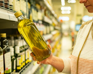 Woman shopper holds bottle of olive oil in hand in supermarket near shelves.