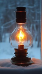 A glowing antique lamp sits on a snowy windowsill, casting a warm light against a blurry winter background.