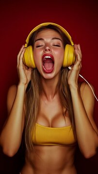 sexy woman sings an emotional song in the music studio. big professional headphones. beautiful face, hair, lips and eyes.