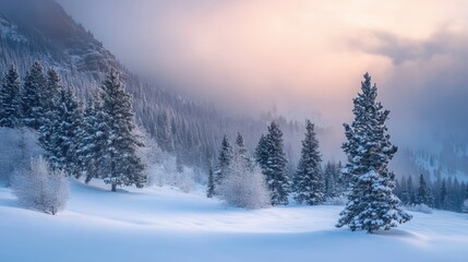 Obraz premium A soft snowfall drifting over a winter landscape with pines, illuminated by gentle evening light.