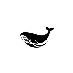 Black and white whale silhouette against a white background, minimalist graphic style.