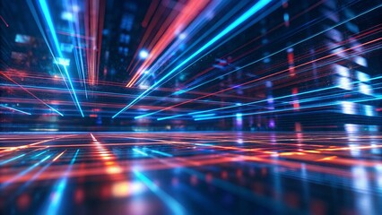 3d abstract technology glowing neon fast speed light background. Empty space scene, reflection floor, virtual reality, cyberspace futuristic sci-fi background, motion line high speed. Futuristic desig