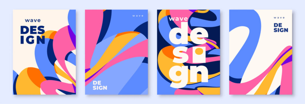 Wave shapes vector background set. Wavy pattern with liquid ribbons in simple retro modern style. Minimal graphic design with abstract curve flow in bright color for poster, banner, cover template