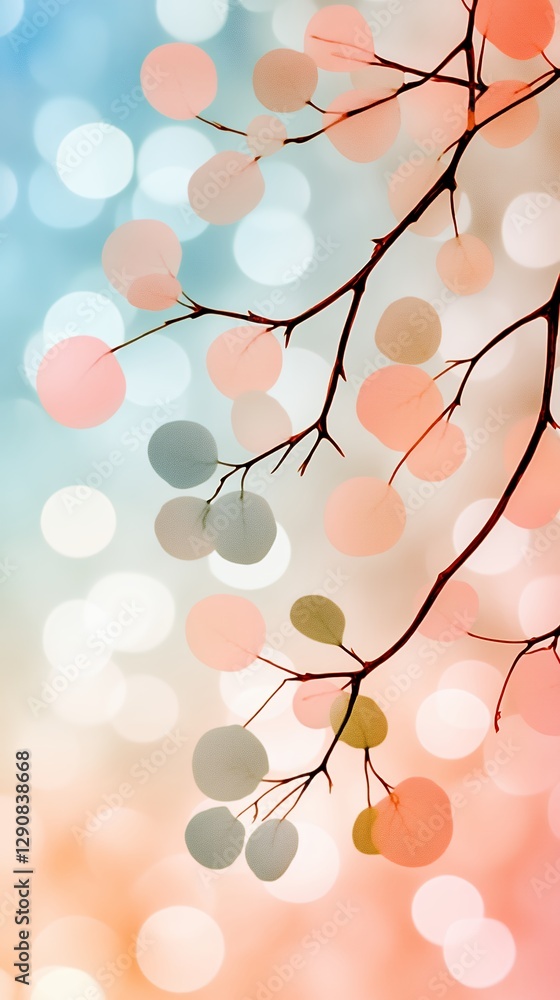 Poster pastel round leaves on branch with soft bokeh background