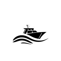 Sleek black boat in the ocean, minimalist illustration of a modern yacht on a white background.