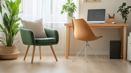 Home office with green chair and wooden desk near window