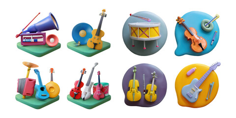Fototapeta premium Colorful Musical Instruments in Playful Design Style, PNG collection, set bundle, isolate on transparent or white background