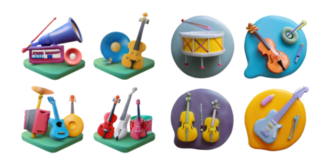 Colorful Musical Instruments in Playful Design Style, PNG collection, set bundle, isolate on transparent or white background
