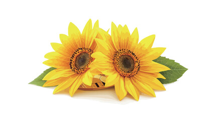 Naklejka premium Close-up studio shot of two sunflowers with their leaves arranged on a pure white background. The sunflowers are in full bloom, showcasing their bright yellow petals and dark brown centers. The