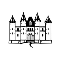Obraz premium Monochrome rendering of a castle with towers and a gated entrance, classic medieval architecture in black and white.