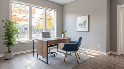 Fototapeta premium Elegant home office with a wooden desk and large window