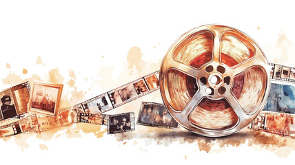 Watercolor-style illustration depicting a film reel and several scattered still photographs. The reel is centrally positioned, showing signs of age and wear. The photographs are smaller and appear