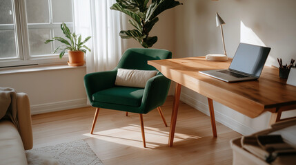 Cozy home office with wooden desk and green armchair