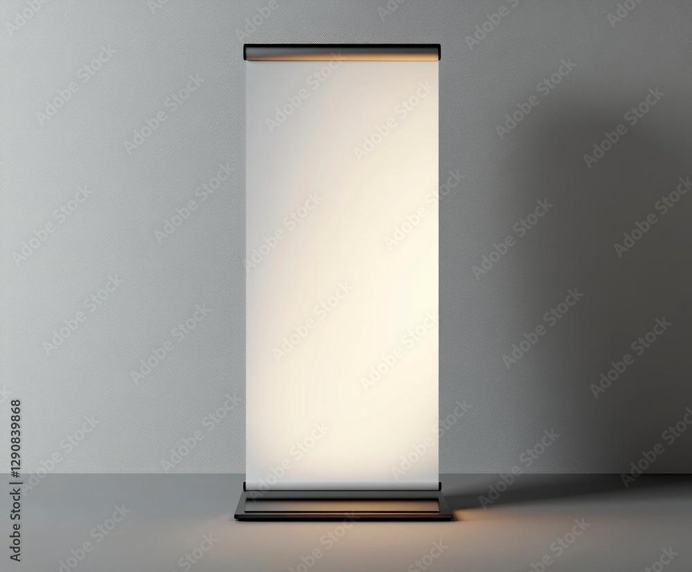 Poster a blank roll-up banner mockup with a white background, placed on an isolated gray surface. the displ