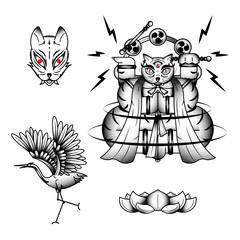 Bakeneko with Raijin drums, Japanese monster cat tattoo design element