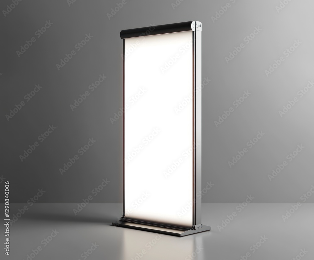 Poster a blank roll-up banner mockup with a white background, placed on an isolated gray surface. the displ