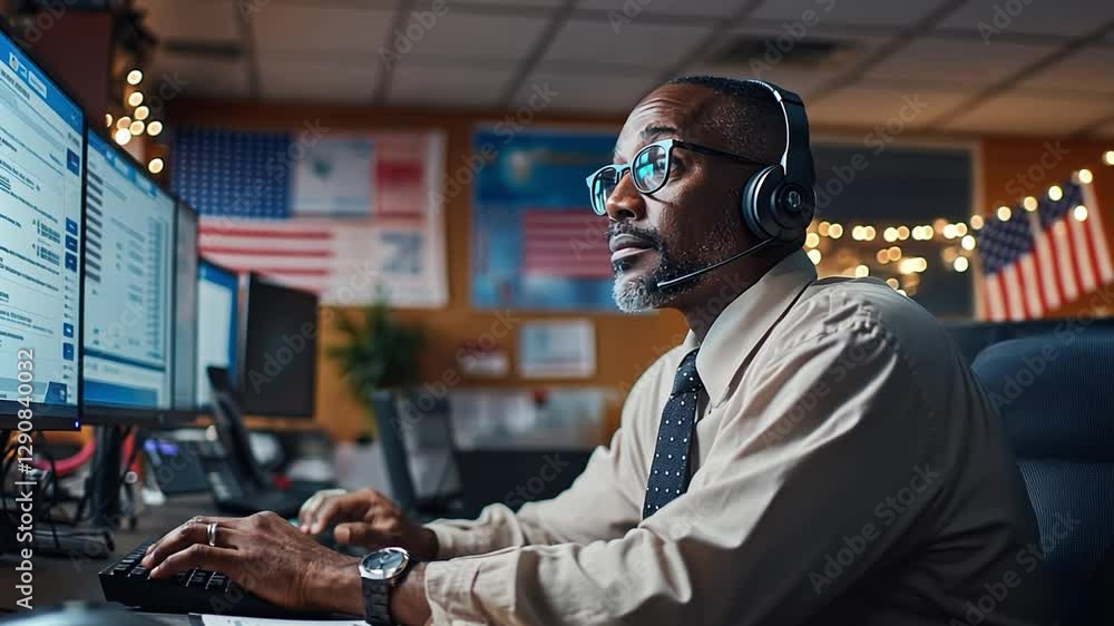Poster professional working at a call center with multiple screens and flags in a bustling environment