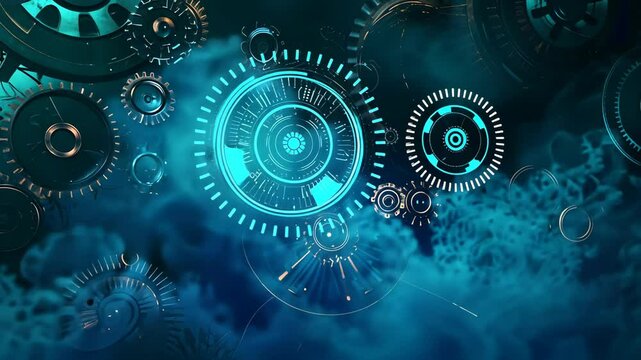 Intricate Design of Gears and Cogs in a Blue Themed Background