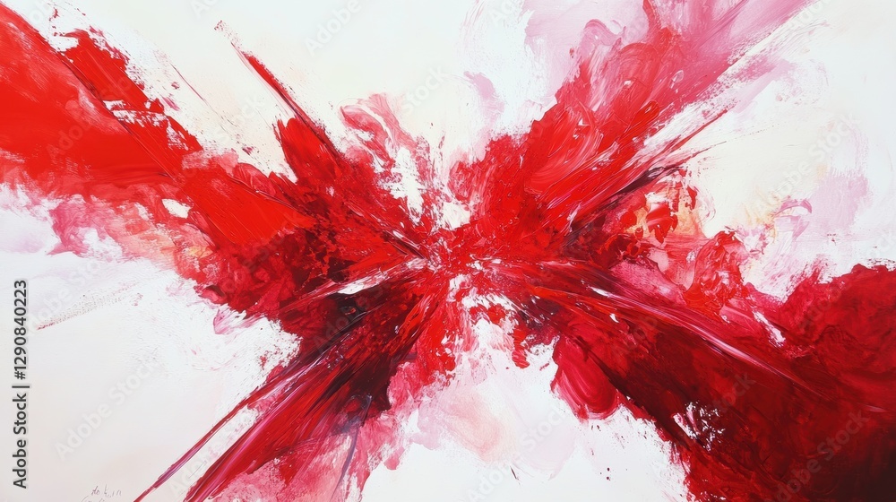 Poster red abstract painting with dynamic brush strokes and splashes on a white canvas. colorful expression