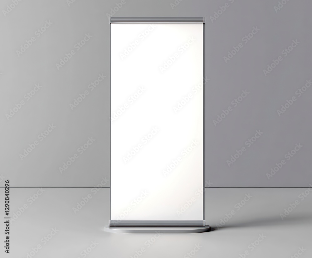 Poster a blank roll-up banner mockup with a white background, placed on an isolated gray surface. the displ