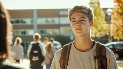 Naklejka premium Teen student at school entrance with backpack, looking onward with a hopeful expression on a sunny day.