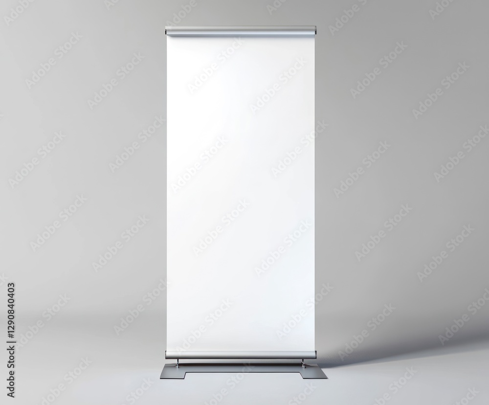 Poster a blank roll-up banner mockup with a white background, placed on an isolated gray surface. the displ