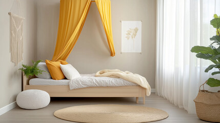 Cozy bedroom with yellow canopy and soft lighting