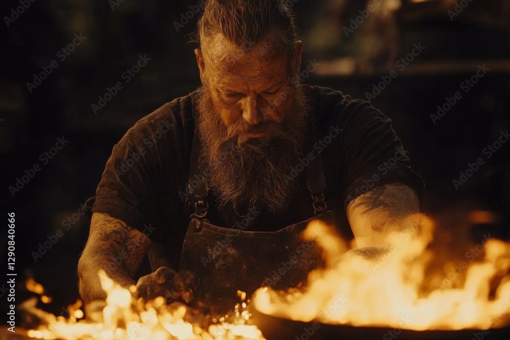 Poster blacksmith working diligently in a forge surrounded by glowing flames and intense heat