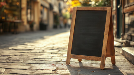 Empty sidewalk cafe chalkboard menu with blank spaces for daily specials and promotions, cafe, restaurant, sidewalk