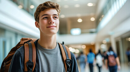 Fototapeta premium Young traveler with backpack, looking up hopefully in bright airport or modern station. Exploring, planning future adventures.