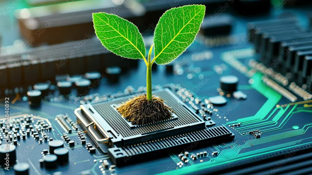 Poster a sapling sprouting from a computer motherboard, symbolizing tech-driven environmental regeneration.