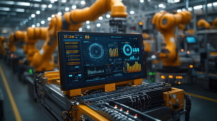 A smart factory tablet displaying IoT sensor data, placed on a workstation beside industrial robots